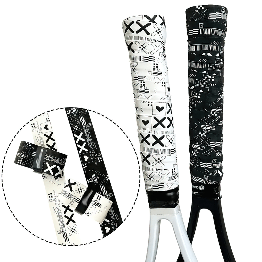 Sweat-Absorbing Anti-Slip Tennis Racket Grip Tape - SF3482 wraps on a racket, featuring stylish black and white patterns for secure grip.